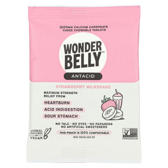 Жевательные таблетки Wonderbelly антацидные клубничный молочный коктейль, 3 шт.