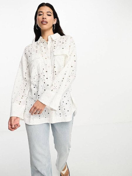 ASOS DESIGN relaxed broderie shirt with dipped hem in white