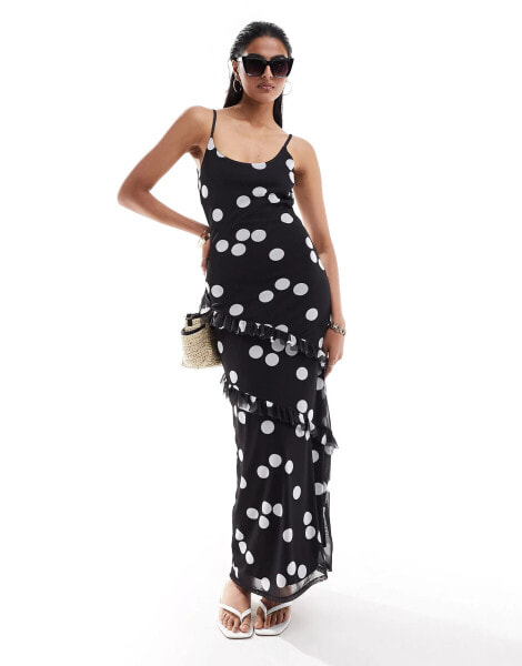 ASOS DESIGN strappy ruffle maxi dress with tie back in mono spot print