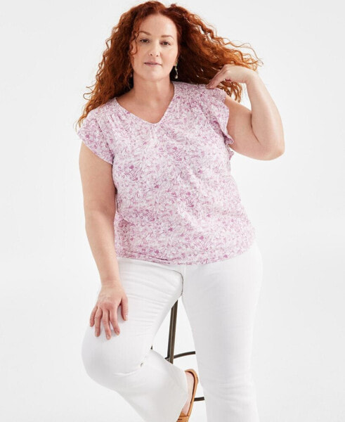 Plus Size Flutter-Sleeve V-Neck Top, Created for Macy's