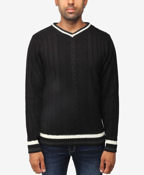 Men's Cable Knit Tipped V-Neck Sweater