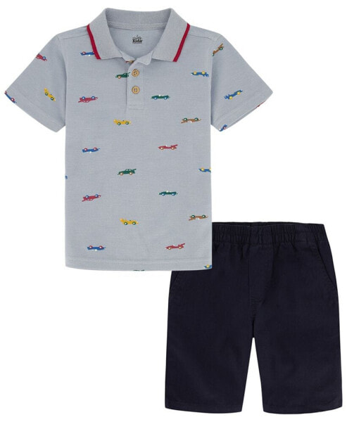 Little Boys Printed Pique Polo Shirt and Twill Shorts Set