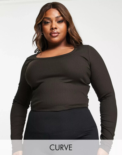 ASOS 4505 Curve active long sleeve top in brown rib