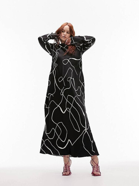 Topshop Curve Lea premium printed column maxi dress in mono squiggle