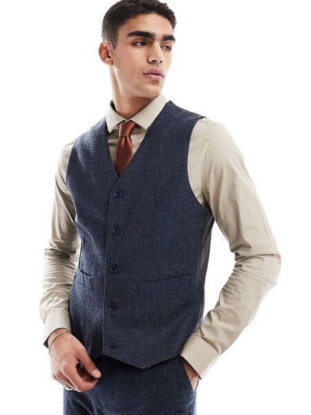 ASOS DESIGN slim suit waistcoat in wool mix texture in navy