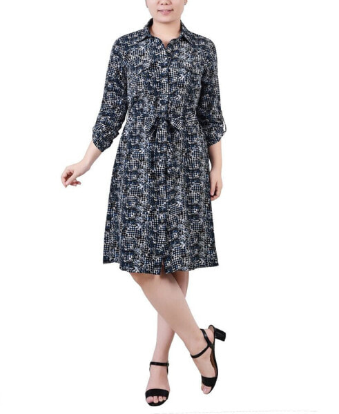 Petite Printed Long Sleeve Roll Tab Shirtdress