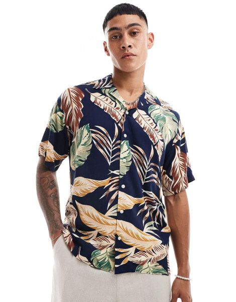 Jack & Jones floral shirt with revere collar in navy