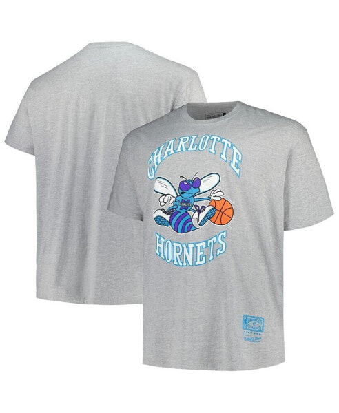 Men's Heather Gray Distressed Charlotte Hornets Big and Tall Hardwood Classics Vintage-Like Logo T-shirt