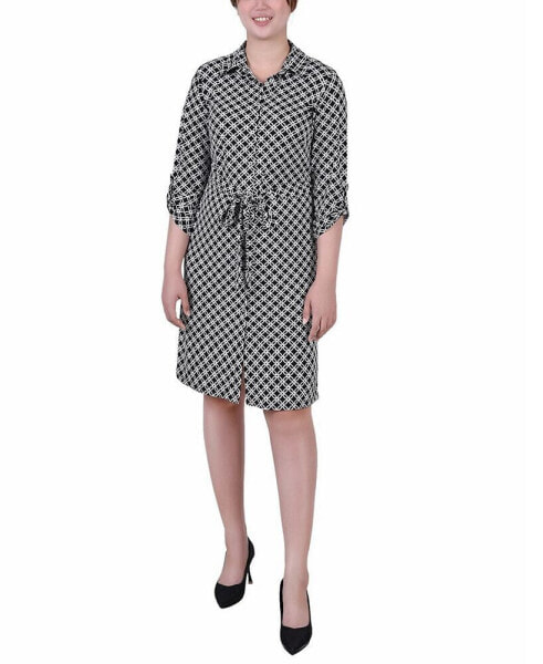 Petite Geometric Printed Long Sleeve Roll Tab Shirtdress