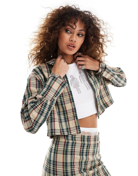 Something New cropped oversized shirt co-ord in navy and beige check