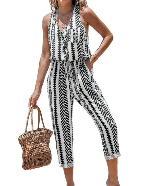 Women's Black & White Boho Stripe Sleeveless Tapered Leg Jumpsuit