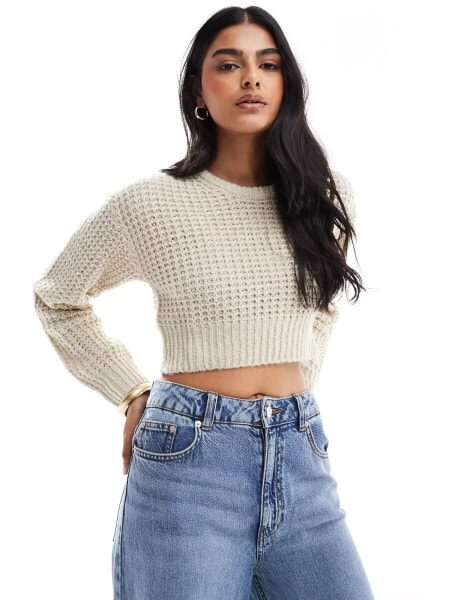 JJXX cropped boxy ribbed jumper in beige marl