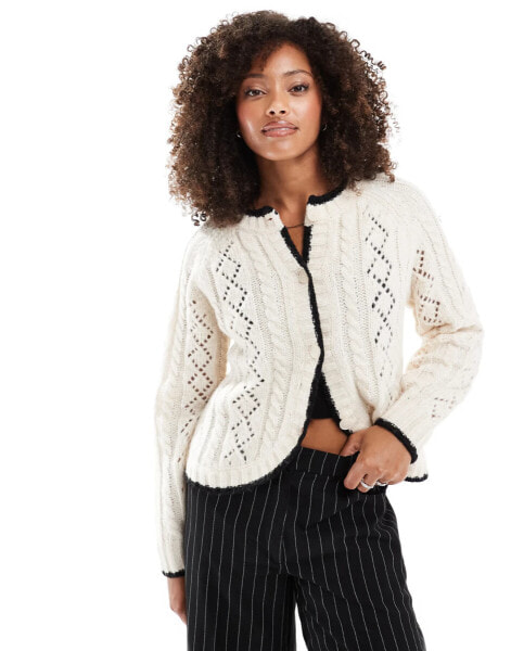 Vero Moda open knit cardigan with contrast piping in cream