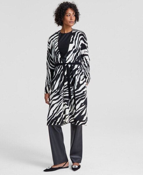 Women's 100% Cashmere Zebra-Print Belted Duster, Created for Macy's