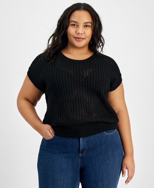 Trendy Plus Size Short-Sleeve Crocheted Sweater