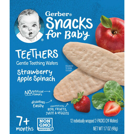 Snacks for Baby, Teethers, Gentle Teething Wafers, 7+ Months, Strawberry Apple Spinach, 12 Individually Wrapped 2-Packs, 2 Wafers Each