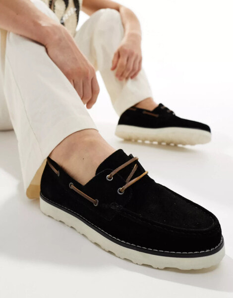 ASOS DESIGN lace up boat shoes in black suede