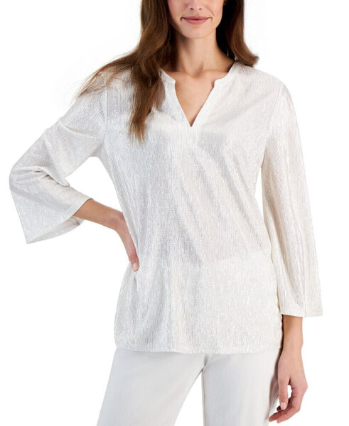 Women's Shine 3/4 Sleeve Plisse Split-Neck Top, Created for Macy's