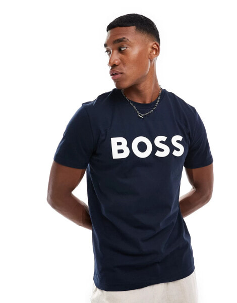 BOSS Orange thinking t-shirt in navy with logo print