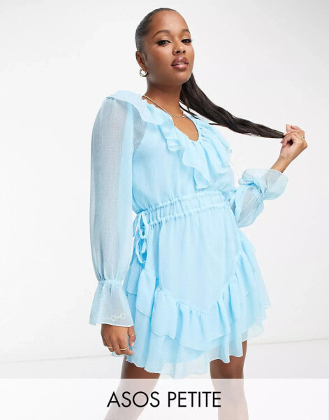 ASOS DESIGN Petite textured chiffon waisted mini dress with frills in blue