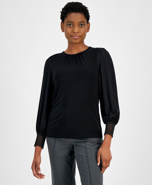 Women's Mixed-Media Blouson-Sleeve Blouse