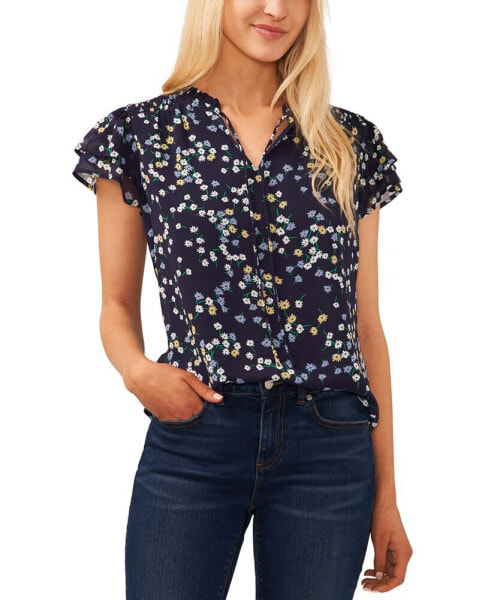 Women's Split-Neck Flutter-Sleeve Printed Blouse