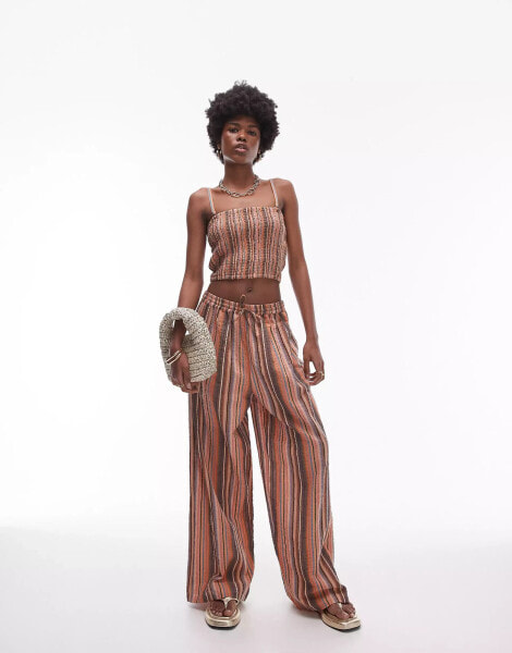 Topshop textured wide leg beach trousers in brown stripe