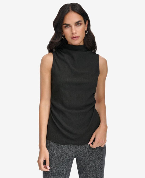 Petite Textured Mock-Neck Ruched Blouse