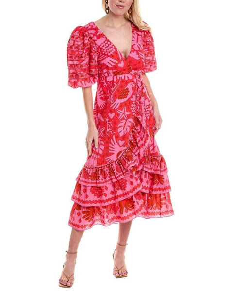 Farm Rio Jungle Scarf Red Wrap Midi Dress Women's