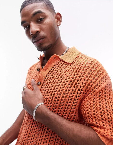 Topman open crochet knitted polo in coral