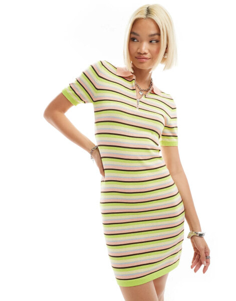 Monki short sleeve midi polo knit tennis dress in multi stripe