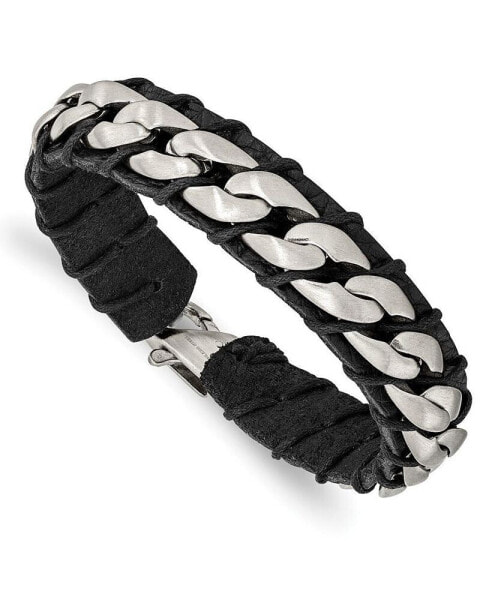 Stainless Steel Brushed Curb Chain and Black Leather Bracelet