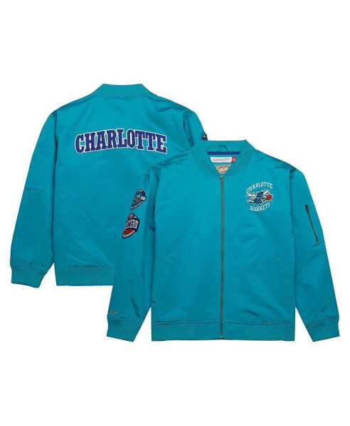 Men's Teal Distressed Charlotte Hornets Hardwood Classics Vintage-Like Logo Full-Zip Bomber Jacket