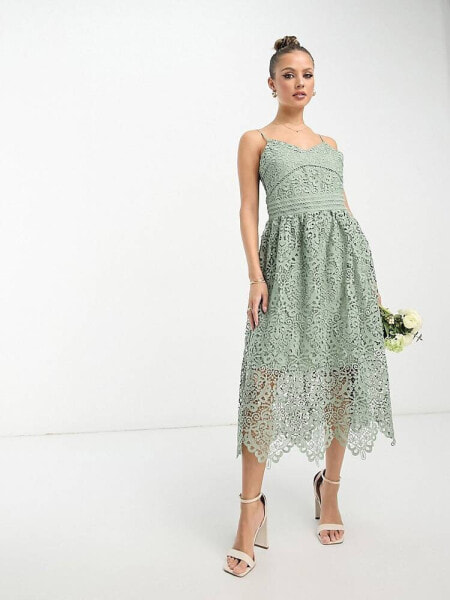 Y.A.S Bridesmaid embroidered strappy midi dress in sage