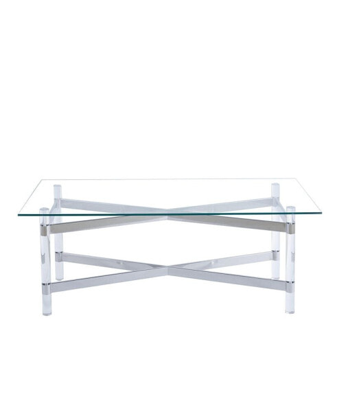 Silver Stainless Steel Coffee Table With Acrylic Frame And Clear Glass Top