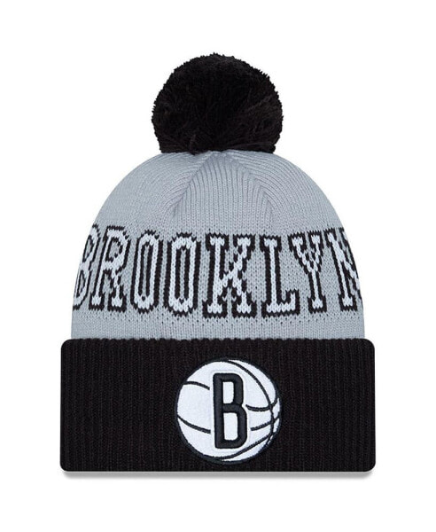 Men's Black, Gray Brooklyn Nets Tip-Off Two-Tone Cuffed Knit Hat with Pom