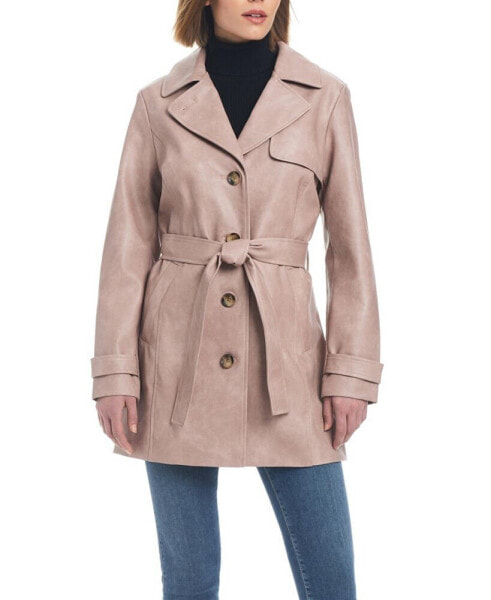 Women's Faux Leather Single-Breasted Fitted Trench Coat