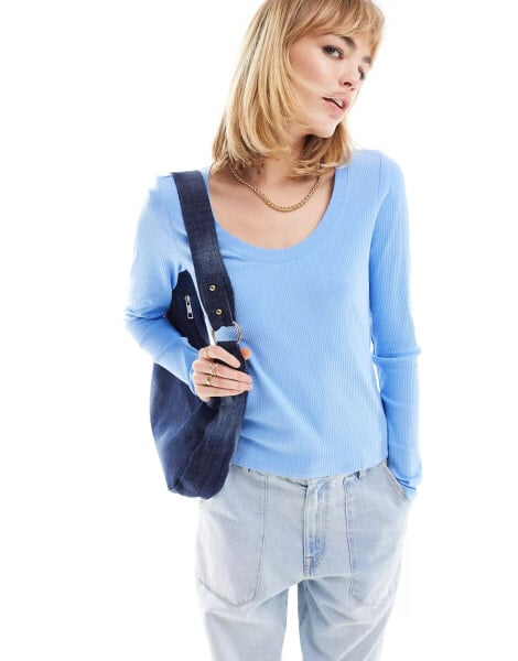 Monki long sleeve scoop neck top in blue