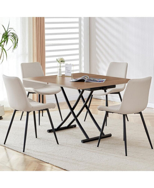 Modern Multifunctional Lifting Table with 4 Faux Leather Dining Chairs