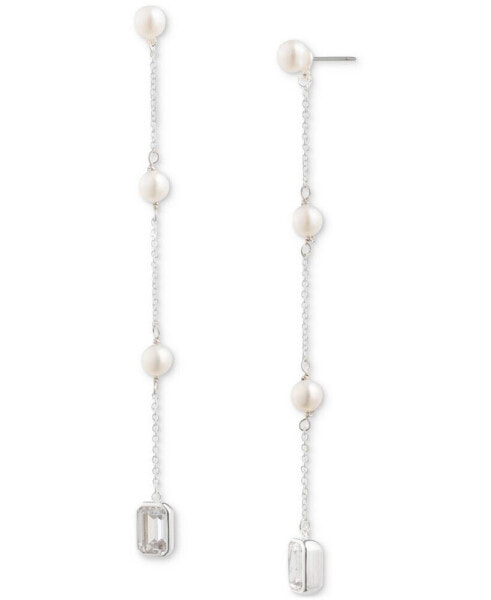 Freshwater Pearl (4mm) & Cubic Zirconia Linear Drop Earrings in Sterling Silver