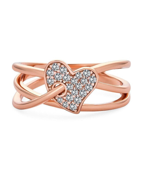 Pave CZ Accent Cubic Zirconia Crossover Intertwined Infinity Heart Promise Ring For Women Rose Gold Plated Sterling Silver