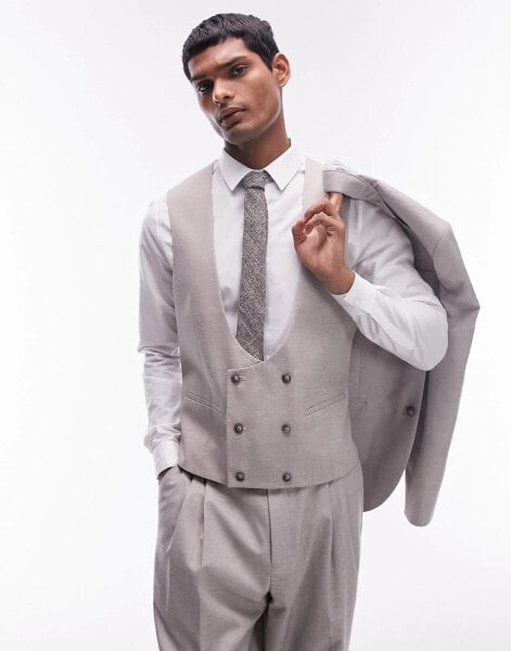 Topman slim linen blend waistcoat in stone