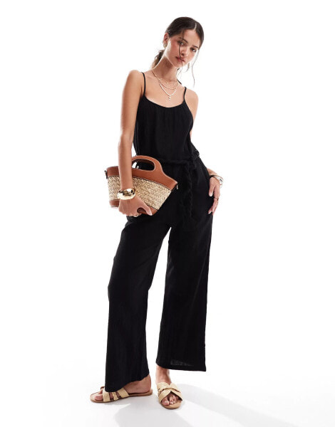 Mango rope tie waist cheesecloth jumpsuit in black