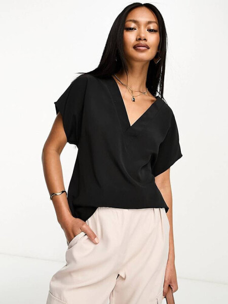 ASOS DESIGN v-neck woven tee in black