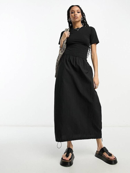 ASOS DESIGN 2 in 1 crew neck t-shirt midi dress with cargo skirt in black