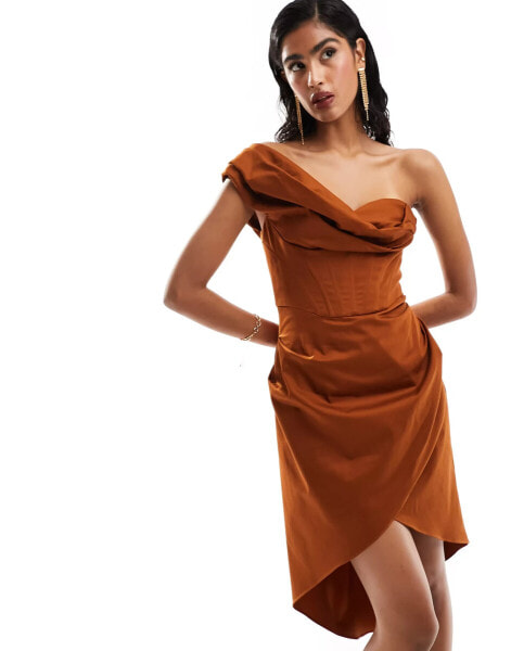 ASOS DESIGN corset fallen shoulder drape mini dress in rust