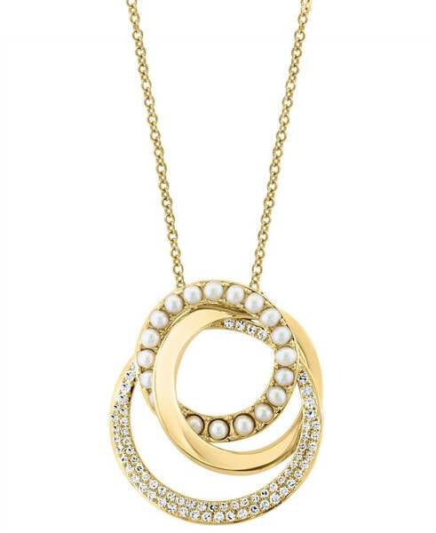 EFFY® Cultured Freshwater Pearl (2mm) & Diamond (1/3 ct. t.w.) Interlocking Circle 18" Pendant Necklace in 14k Gold