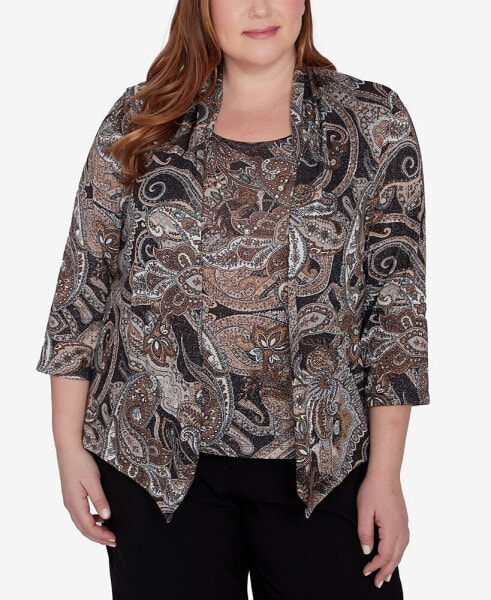 Plus Size Classic Metallic Paisley Two In One Top With Necklace