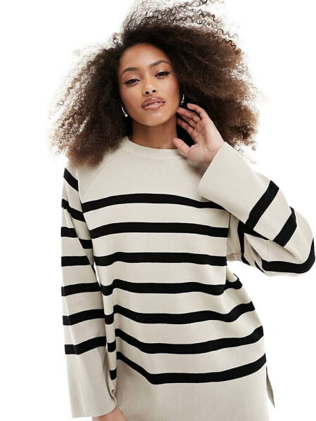 Object knitted round neck jumper in cream mono stripe