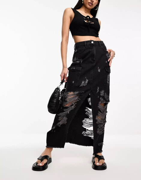 Miss Selfridge extreme ripped denim cargo skirt in washed black